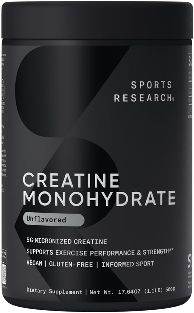 Sports Research Creatine Monohydrate - Gain Lean Muscle, Improve Performance and Strength and Support Workout Recovery - 5 g Micronized Creatine - 1.1LBS