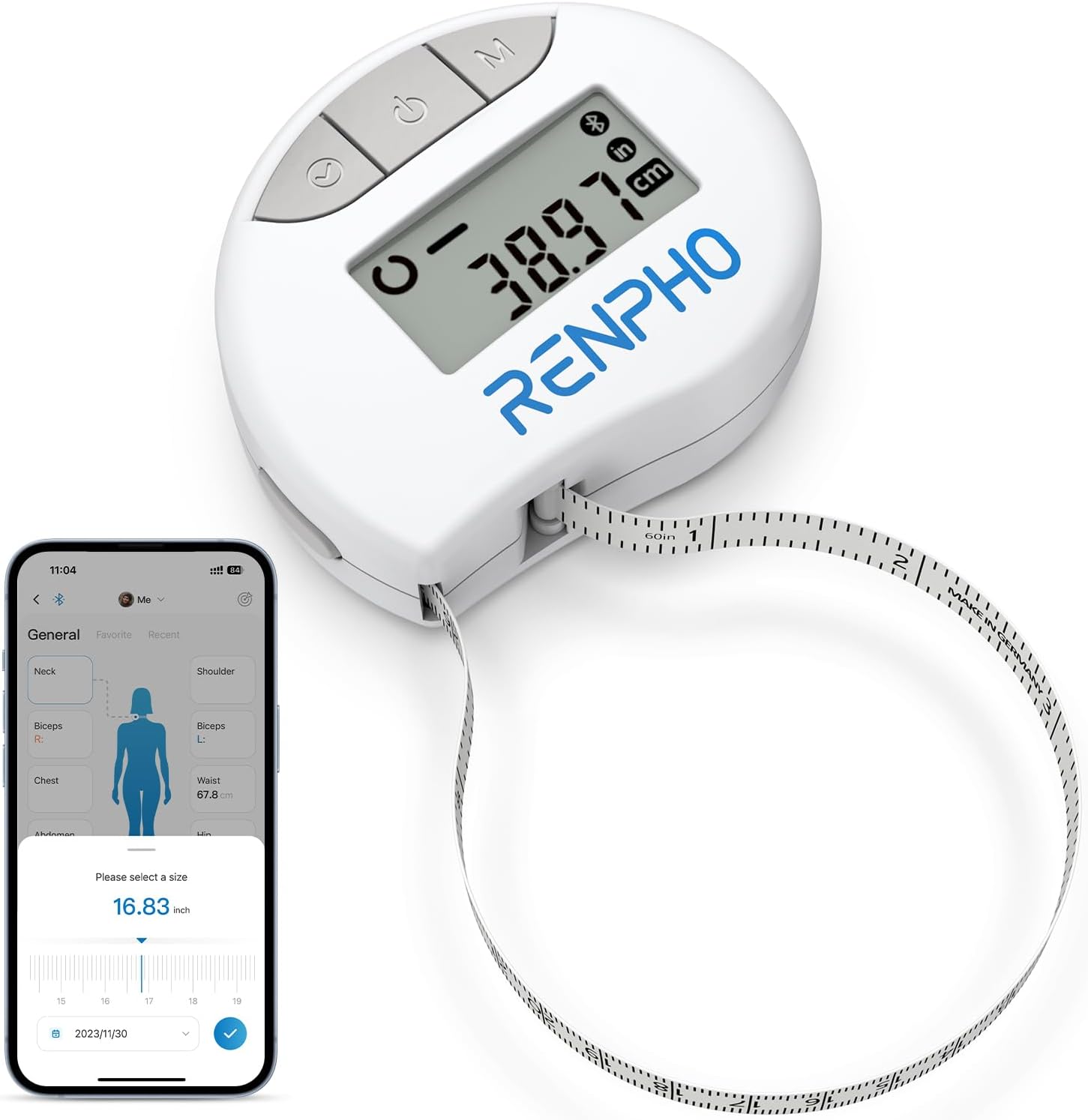 RENPHO Body Measuring Tape, Smart Tape Measure for Weight Loss, Bluetooth Fitness Equipment with App, Measuring Waist, Hip, Bust, Arms, Muscle Gain, Retractable, 60in /150cm, White