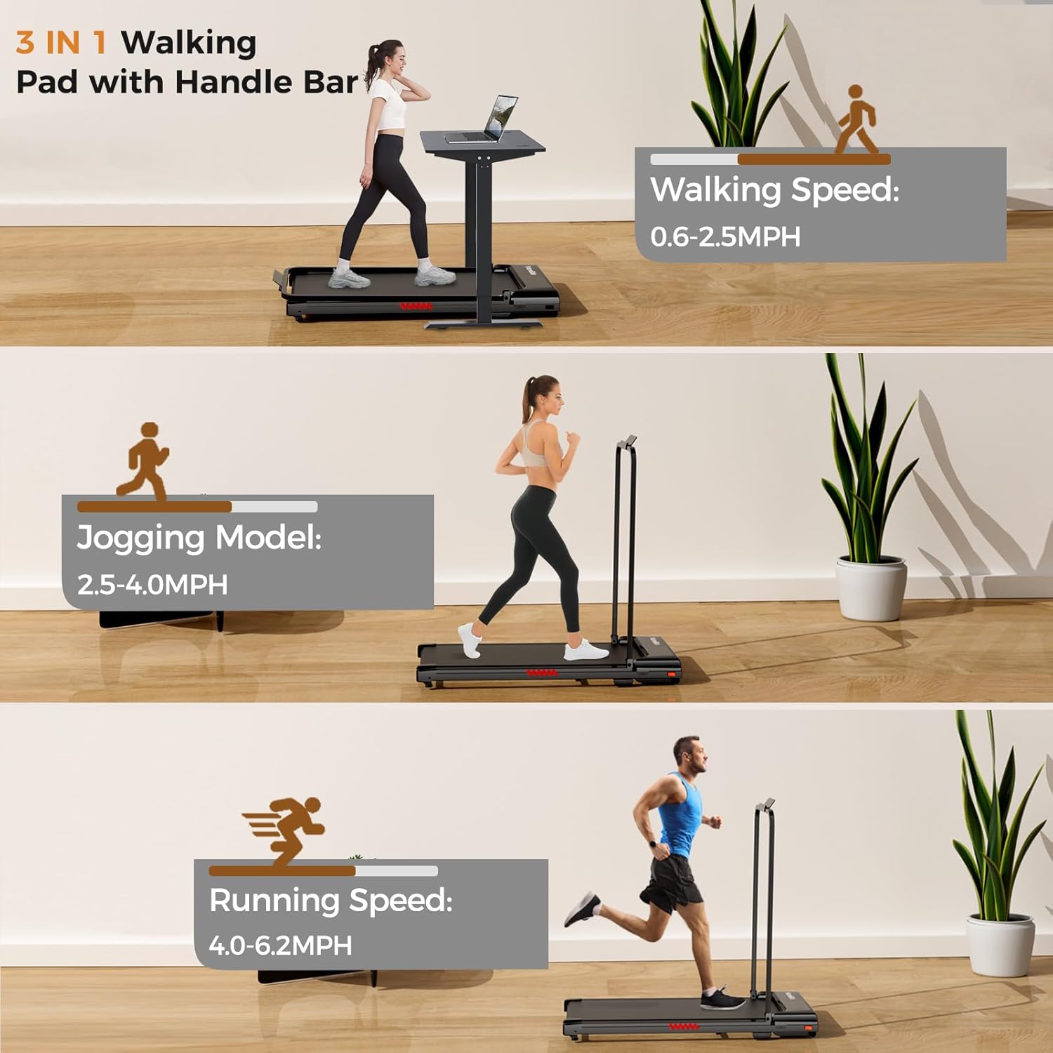 Walking Pad with Handle, 3.0HP Walking pad Treadmill, 3 in 1 Portable Under Desk Treadmill for Home,Treadmil with Handle Bar,Small Treadmills,Foldable Treadmills with Remote Control,LED Display