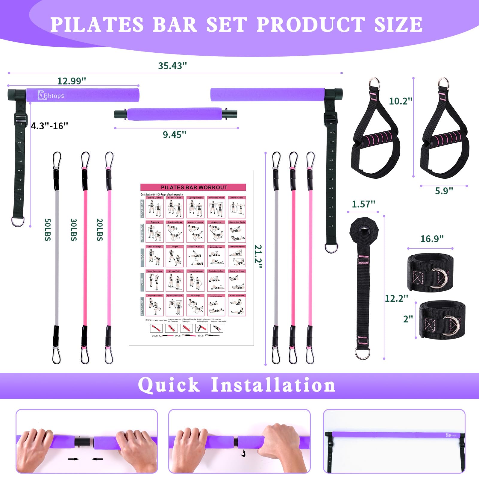 Pilates Bar Kit with Resistance Bands, Upgraded Multifunctional Screw Yoga Pilates Bar with Metal Adjustment Buckle, Portable Home Gym Pilates Bar for Women Men Full Body Workout Equipment Black…