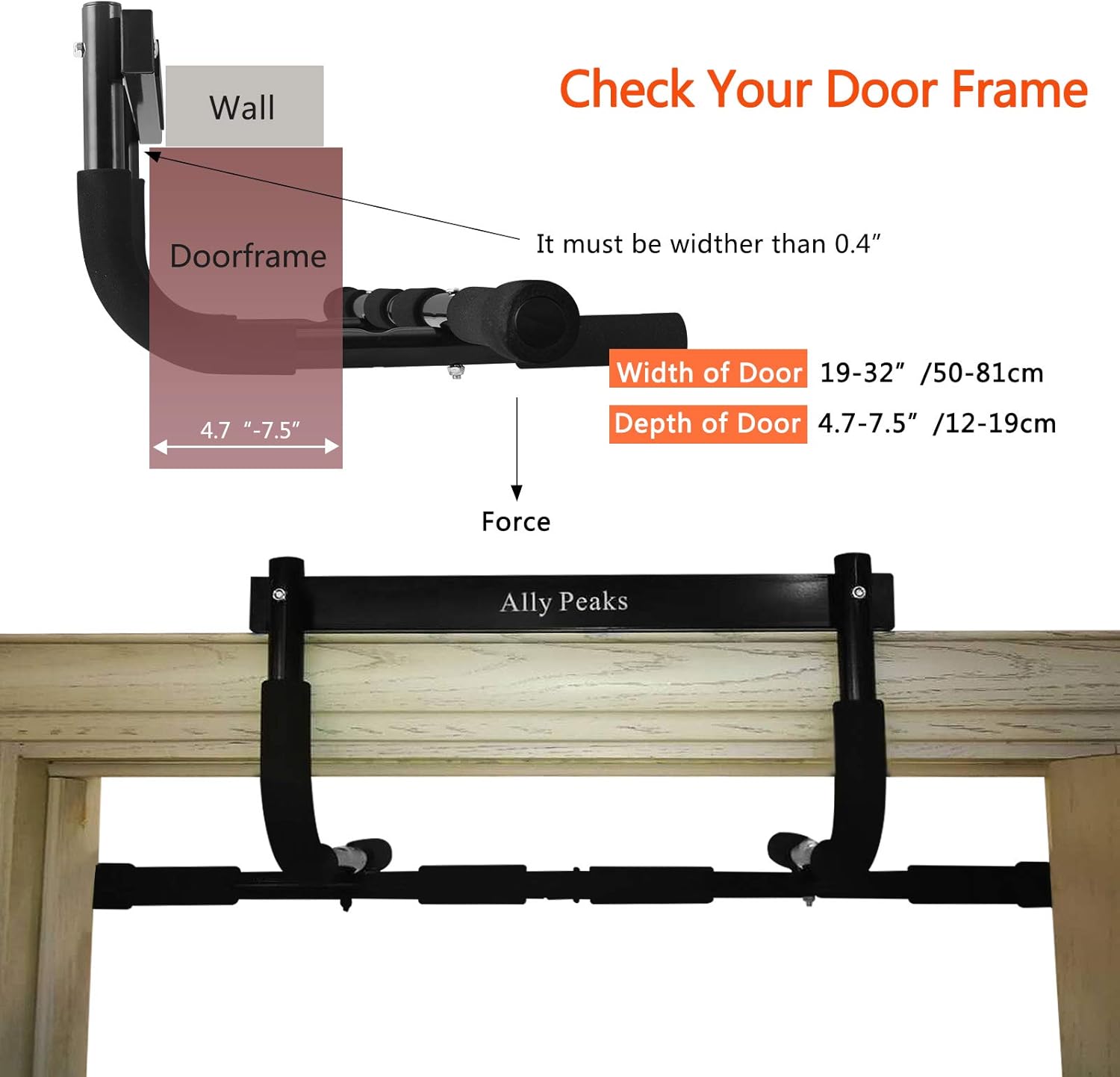 Ally Peaks Pull Up Bar for Doorway | Thickened Steel Max Limit 440 lbs Upper Body Fitness Workout Bar| Multi-Grip Strength for Doorway | Indoor Chin-Up Bar Fitness Trainer for Home Gym Portable