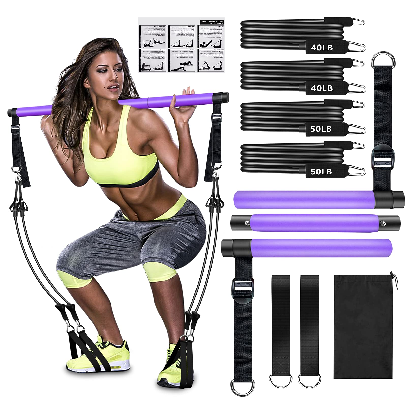 Pilates Bar Kit with Resistance Bands, Upgraded Multifunctional Screw Yoga Pilates Bar with Metal Adjustment Buckle, Portable Home Gym Pilates Bar for Women Men Full Body Workout Equipment Black…