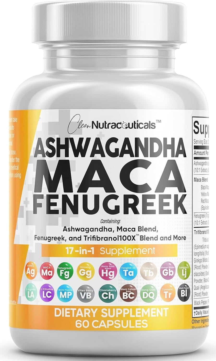 Clean Nutraceuticals Ashwagandha Maca Root Fenugreek Supplement with Tongkat Ali Ginseng - Assists with Stress, Mood & Thyroid - Ashwagandha Capsules Fenugreek Caps - 1 Pack