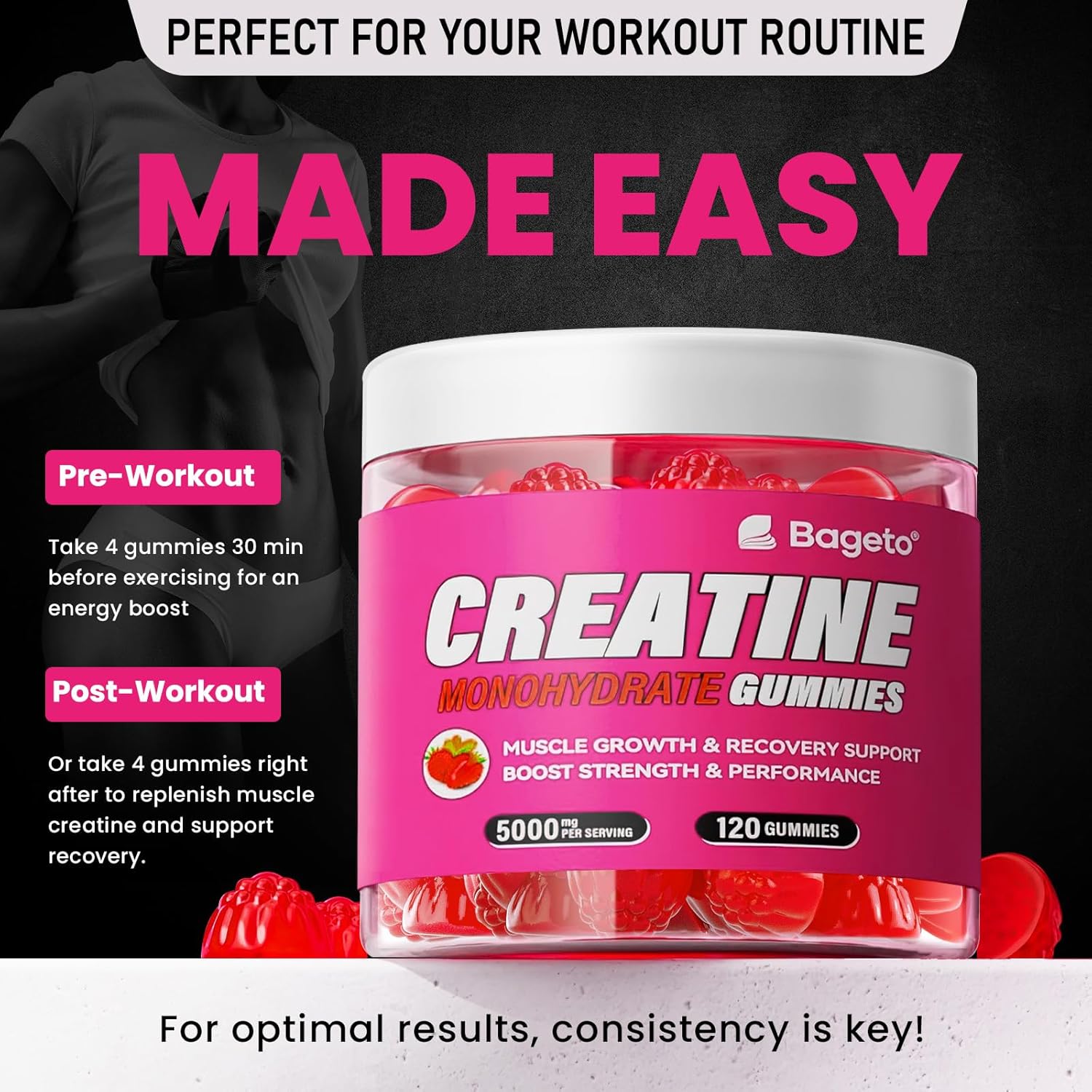 Creatine Monohydrate Gummies 5000mg for Men & Women, Gomitas de Creatina 5g Creatine Monohydrate, 0g Sugar Chewables Creatine Pre-Work Out for Muscle Strength, Vegan,120 Count (120 Count, Strawberry)