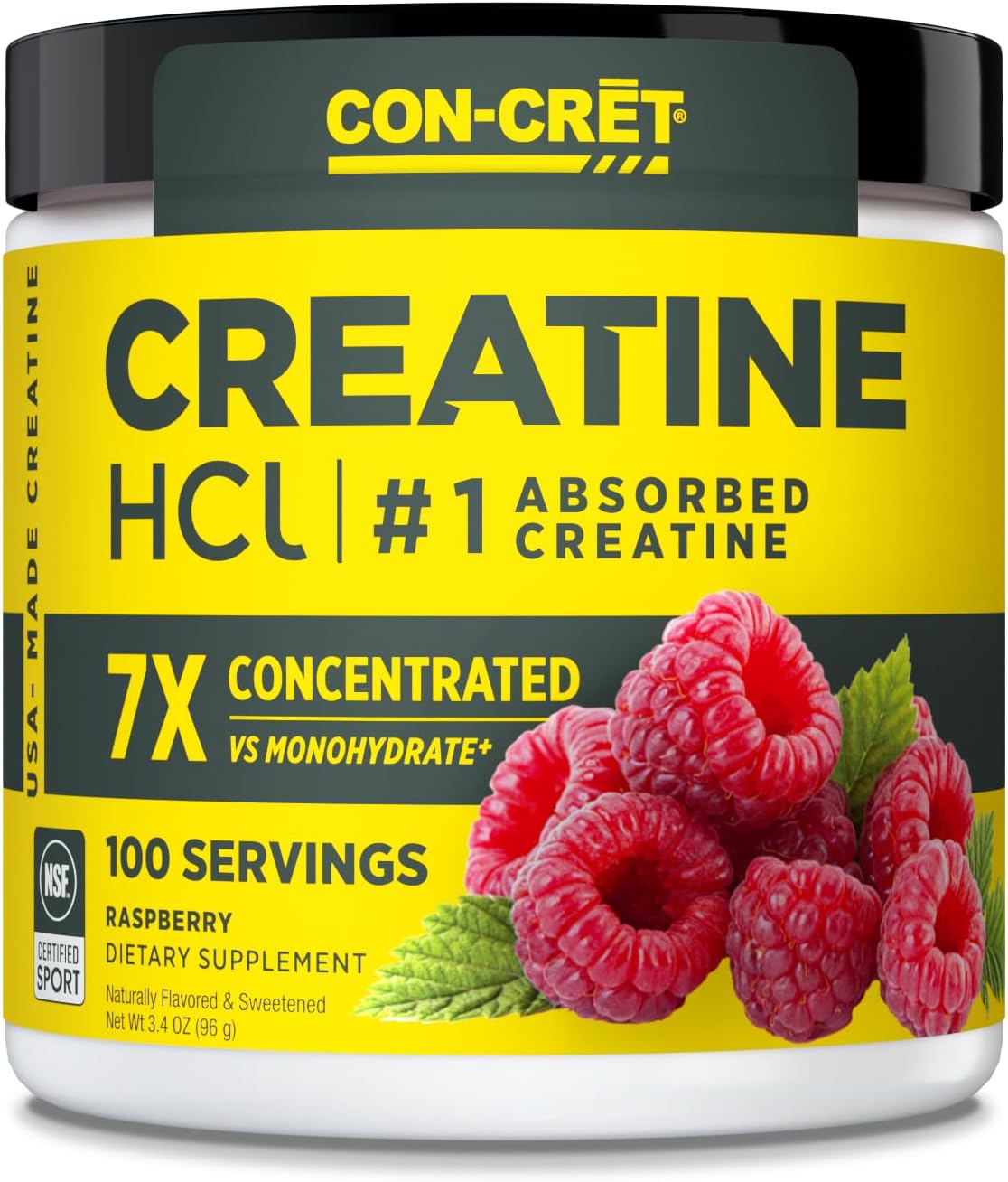 Creatine HCl Powder | Muscle, Cognitive, Cellular Energy Support | No Bloating or Cramps | USA Made & NSF Certified | Raspberry (100 Serving)