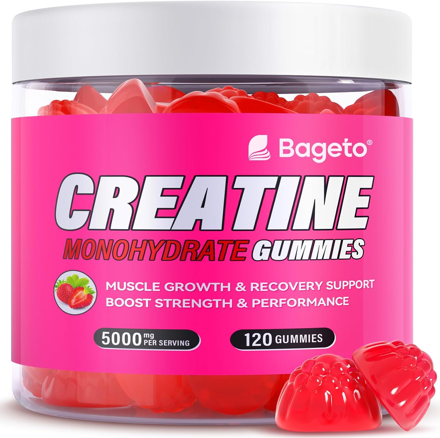 Creatine Monohydrate Gummies 5000mg for Men & Women, Gomitas de Creatina 5g Creatine Monohydrate, 0g Sugar Chewables Creatine Pre-Work Out for Muscle Strength, Vegan,120 Count (120 Count, Strawberry)