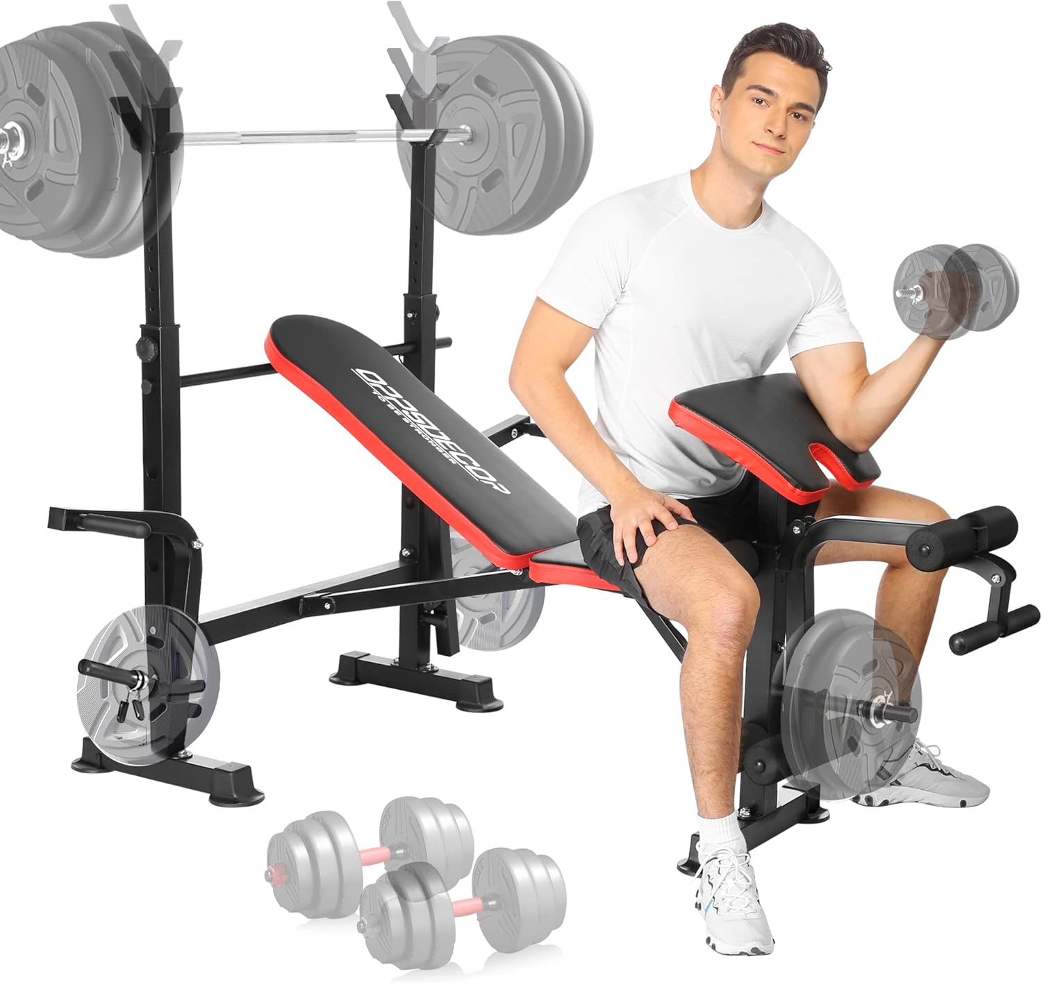 OPPSDECOR 660lbs 6 in 1 Weight Bench Set with Squat Rack Adjustable Workout Bench with Leg Developer Preacher Curl Rack Fitness Strength Training for Home Gym