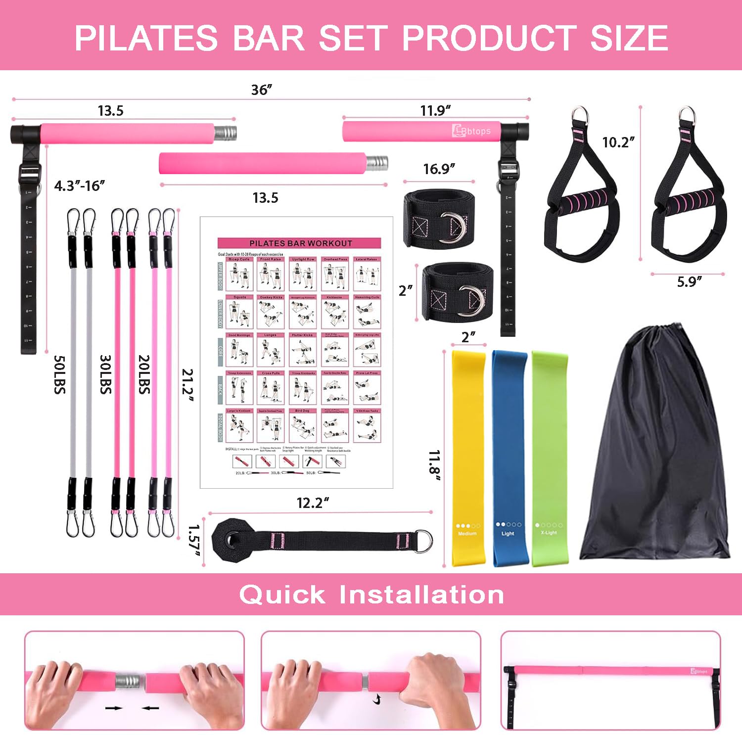 Pilates Bar Kit with Resistance Bands, Upgraded Multifunctional Screw Yoga Pilates Bar with Metal Adjustment Buckle, Portable Home Gym Pilates Bar for Women Men Full Body Workout Equipment Black…