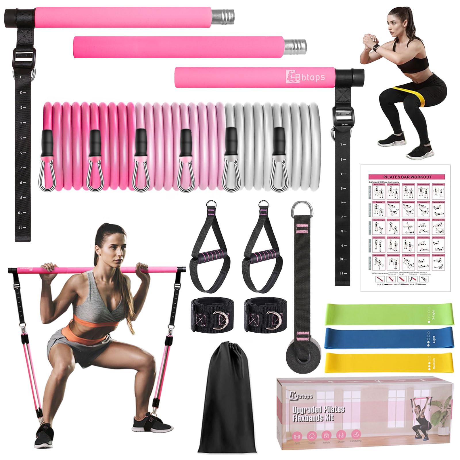 Pilates Bar Kit with Resistance Bands, Upgraded Multifunctional Screw Yoga Pilates Bar with Metal Adjustment Buckle, Portable Home Gym Pilates Bar for Women Men Full Body Workout Equipment Black…