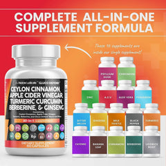 Clean Nutraceuticals Ceylon Cinnamon Turmeric Apple Cider Vinegar Ginseng Berberine Plus Bitter Melon Gymnema Milk Thistle Fenugreek