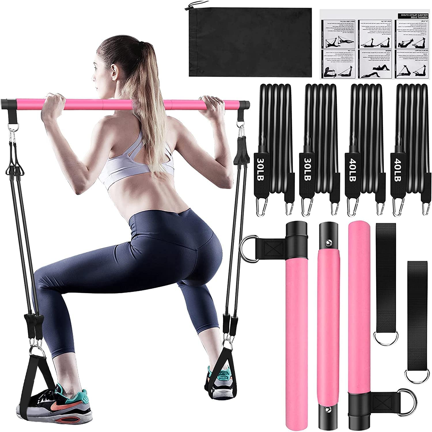 Pilates Bar Kit with Resistance Bands, Upgraded Multifunctional Screw Yoga Pilates Bar with Metal Adjustment Buckle, Portable Home Gym Pilates Bar for Women Men Full Body Workout Equipment Black…