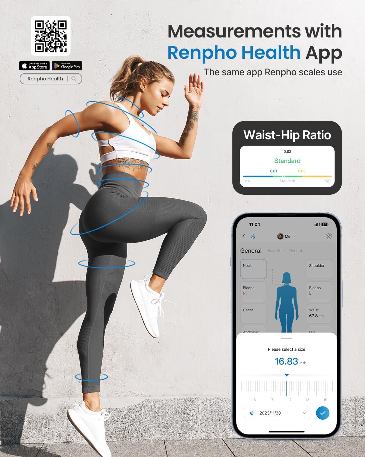 RENPHO Body Measuring Tape, Smart Tape Measure for Weight Loss, Bluetooth Fitness Equipment with App, Measuring Waist, Hip, Bust, Arms, Muscle Gain, Retractable, 60in /150cm, White