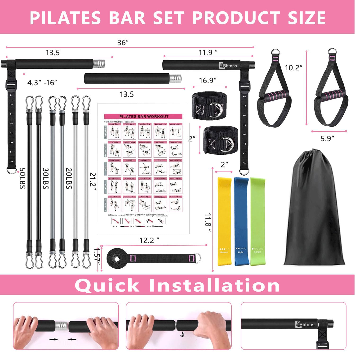 Pilates Bar Kit with Resistance Bands, Upgraded Multifunctional Screw Yoga Pilates Bar with Metal Adjustment Buckle, Portable Home Gym Pilates Bar for Women Men Full Body Workout Equipment Black…