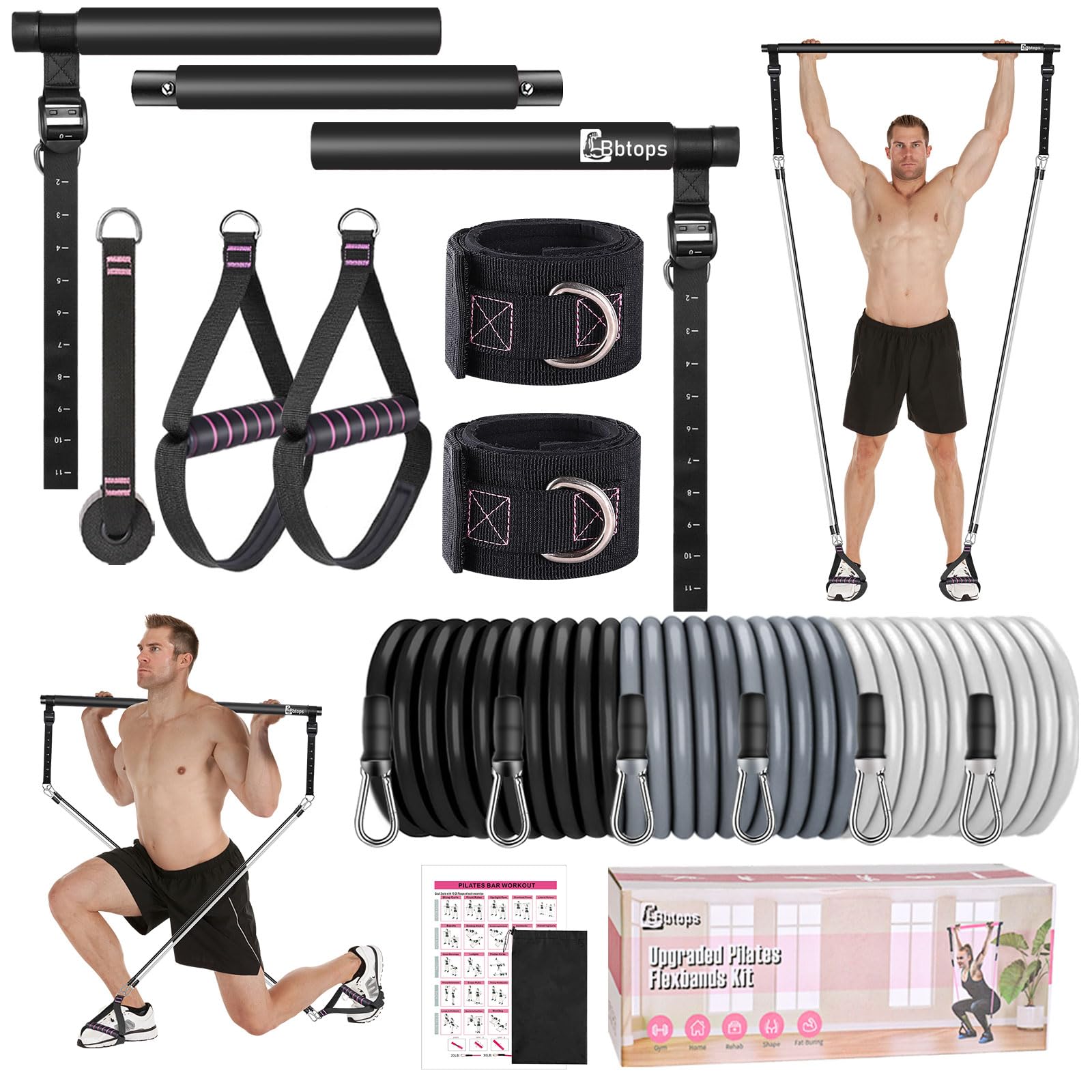 Pilates Bar Kit with Resistance Bands, Upgraded Multifunctional Screw Yoga Pilates Bar with Metal Adjustment Buckle, Portable Home Gym Pilates Bar for Women Men Full Body Workout Equipment Black…