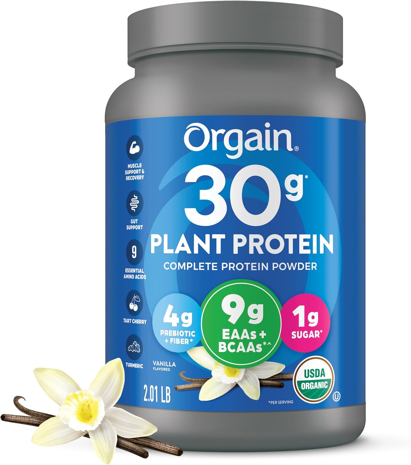 Orgain Organic 30g Vegan Protein Powder, Vanilla, 9g EAAs + BCAAs, Plant Protein, 4g Prebiotic + Fiber, 1g Sugar, Pre-Workout, Muscle Support + Recovery, PMV - 2.01lb (Packaging May Vary)