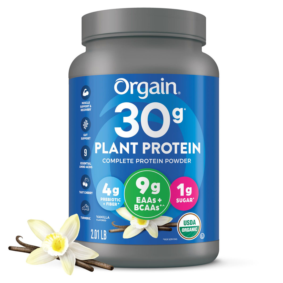 Orgain Organic 30g Vegan Protein Powder, Vanilla, 9g EAAs + BCAAs, Plant Protein, 4g Prebiotic + Fiber, 1g Sugar, Pre-Workout, Muscle Support + Recovery, PMV - 2.01lb (Packaging May Vary)