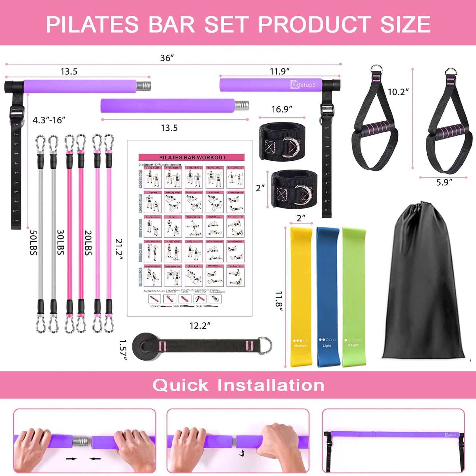 Pilates Bar Kit with Resistance Bands, Upgraded Multifunctional Screw Yoga Pilates Bar with Metal Adjustment Buckle, Portable Home Gym Pilates Bar for Women Men Full Body Workout Equipment Black…