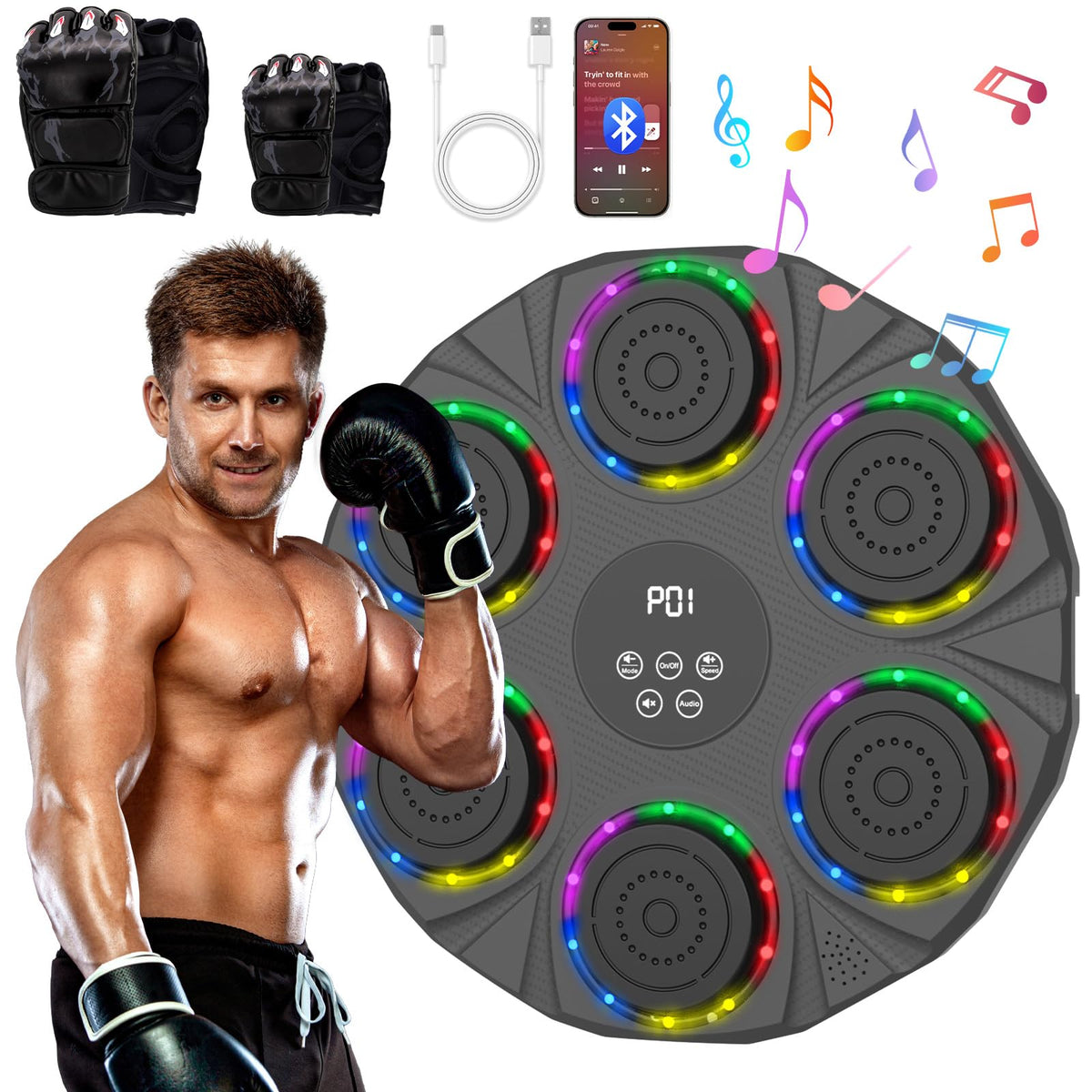 Music Boxing Machine Wall Mounted Smart Bluetooth Boxing Equipment for Boxing Enthusiasts （2 Pairs Gloves）