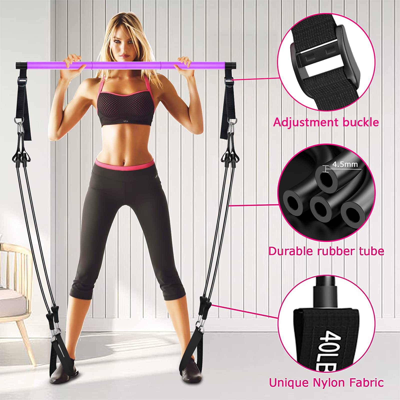 Pilates Bar Kit with Resistance Bands, Upgraded Multifunctional Screw Yoga Pilates Bar with Metal Adjustment Buckle, Portable Home Gym Pilates Bar for Women Men Full Body Workout Equipment Black…