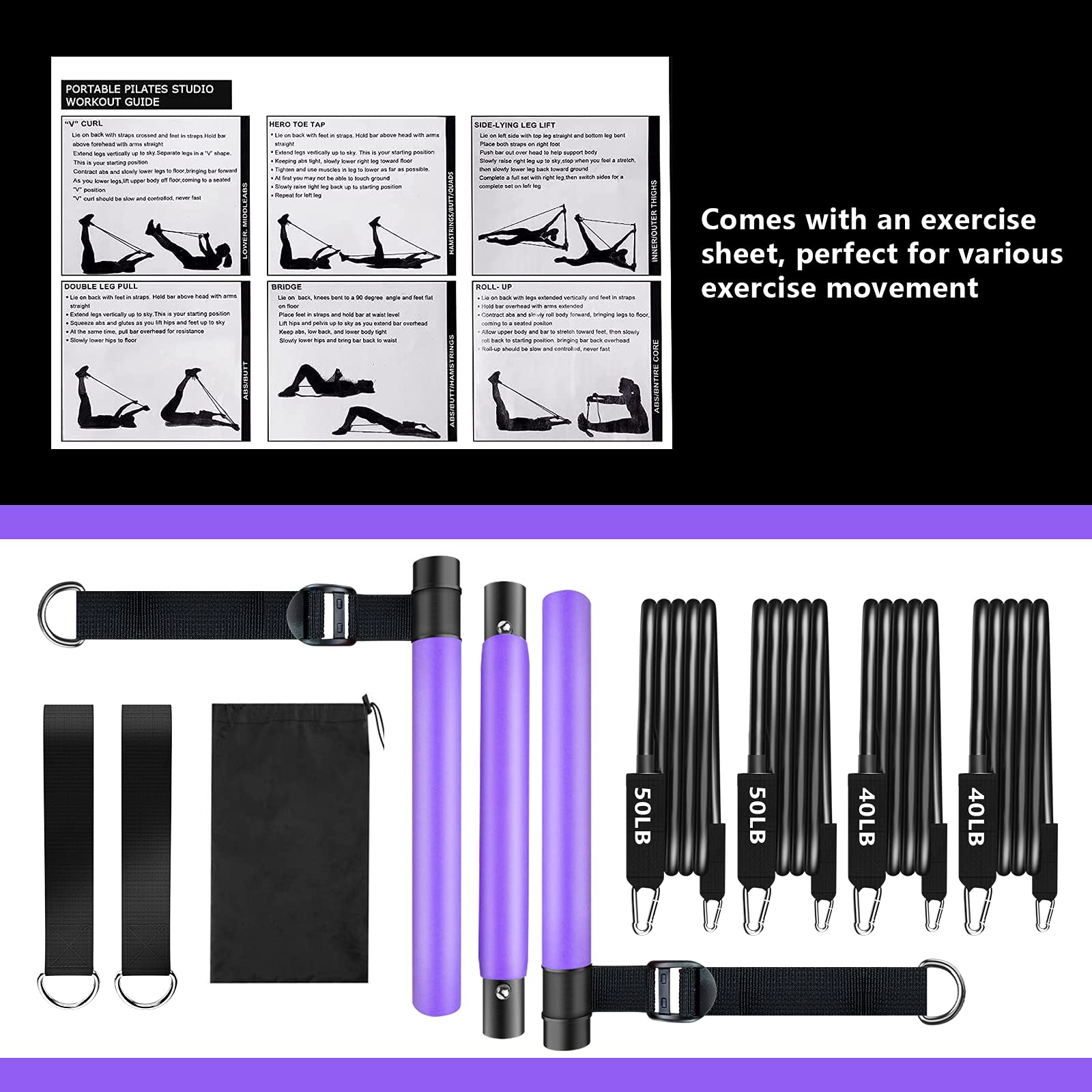 Pilates Bar Kit with Resistance Bands, Upgraded Multifunctional Screw Yoga Pilates Bar with Metal Adjustment Buckle, Portable Home Gym Pilates Bar for Women Men Full Body Workout Equipment Black…