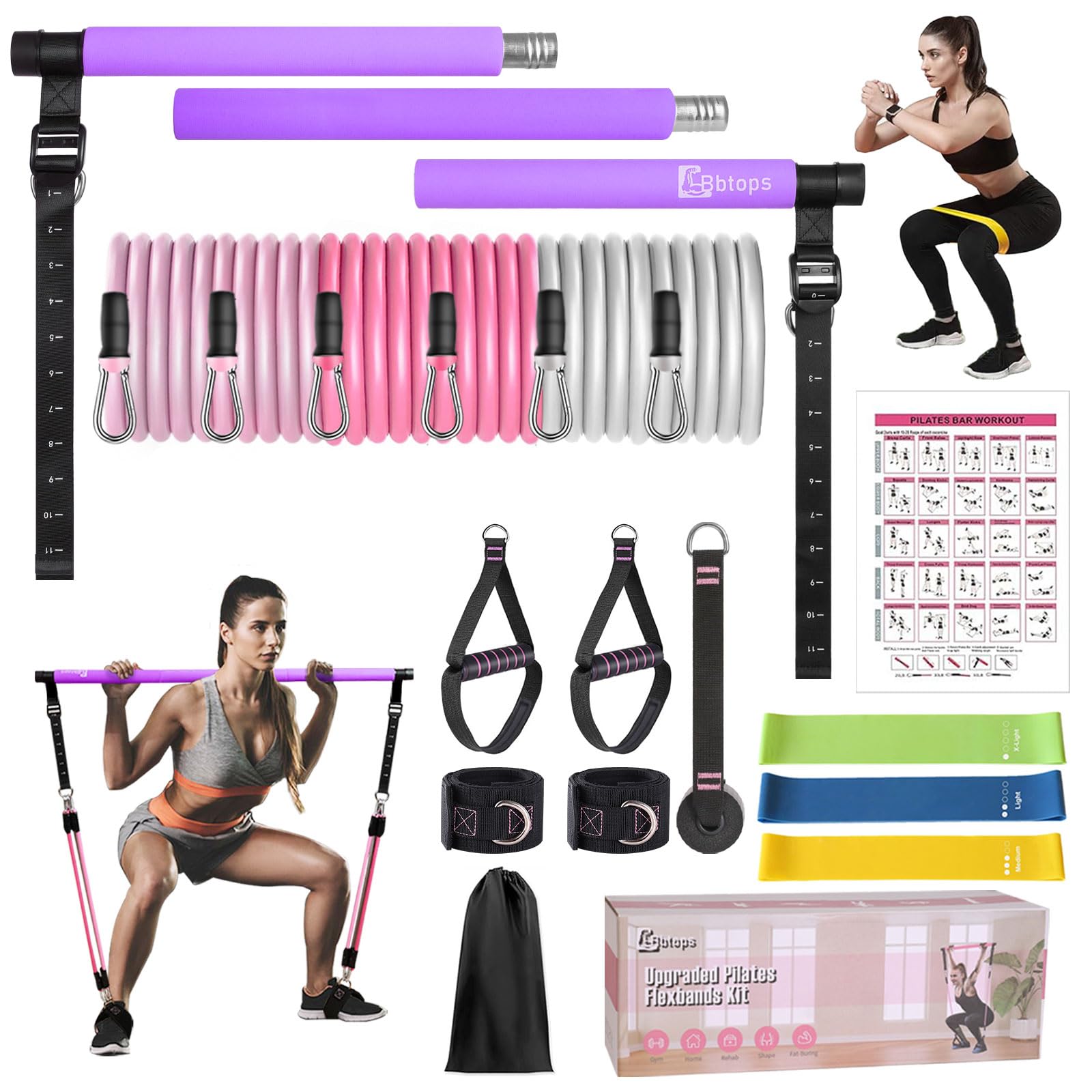 Pilates Bar Kit with Resistance Bands, Upgraded Multifunctional Screw Yoga Pilates Bar with Metal Adjustment Buckle, Portable Home Gym Pilates Bar for Women Men Full Body Workout Equipment Black…