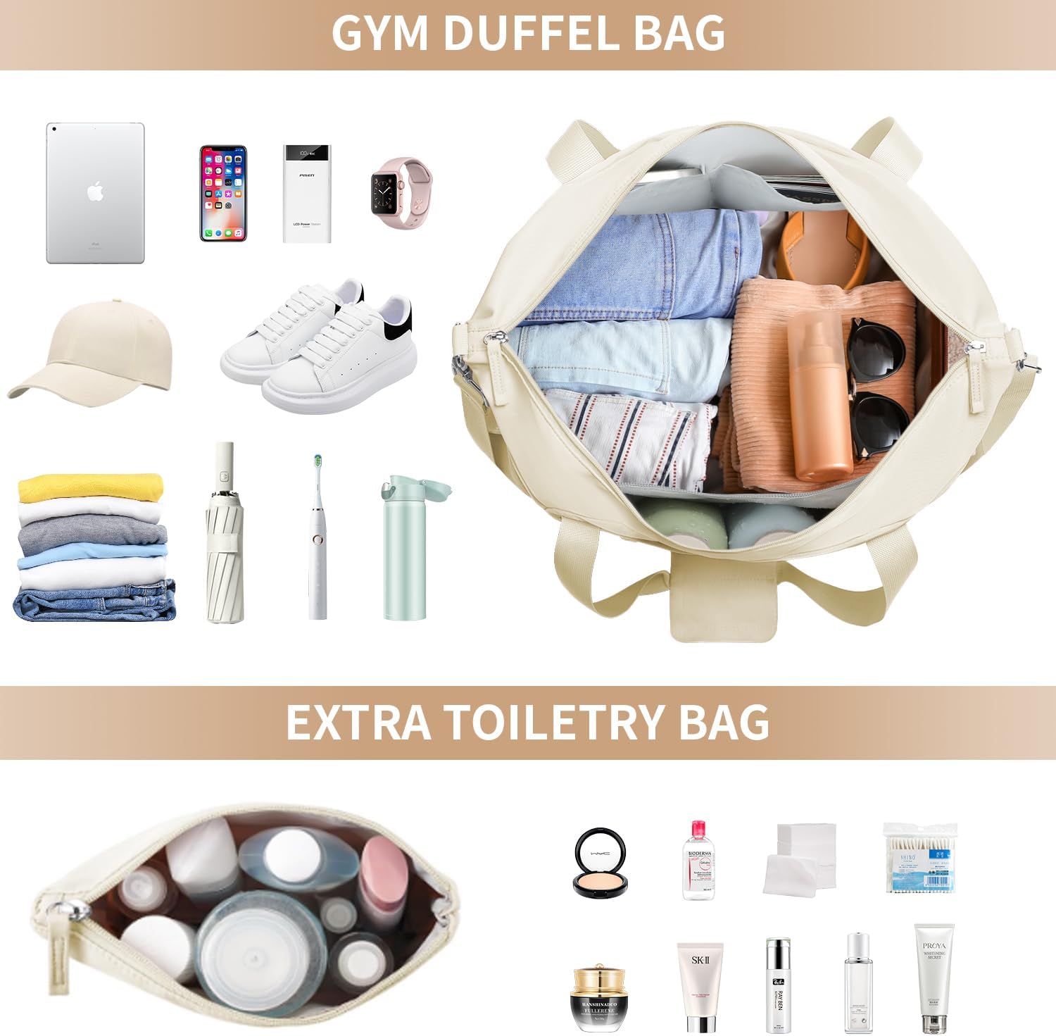 ETRONIK Gym Bag for Women, Personal Item Travel Bag with Shoes Compartment, Weekender Overnight Duffel Bag with Wet Pocket & USB Charging Port, Carry On Bag for Women, Travel, Gym, Weekend (Beige)