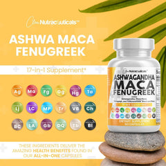 Clean Nutraceuticals Ashwagandha Maca Root Fenugreek Supplement with Tongkat Ali Ginseng - Assists with Stress, Mood & Thyroid - Ashwagandha Capsules Fenugreek Caps - 1 Pack