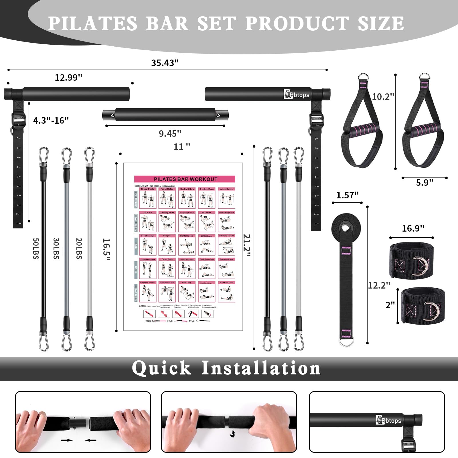 Pilates Bar Kit with Resistance Bands, Upgraded Multifunctional Screw Yoga Pilates Bar with Metal Adjustment Buckle, Portable Home Gym Pilates Bar for Women Men Full Body Workout Equipment Black…