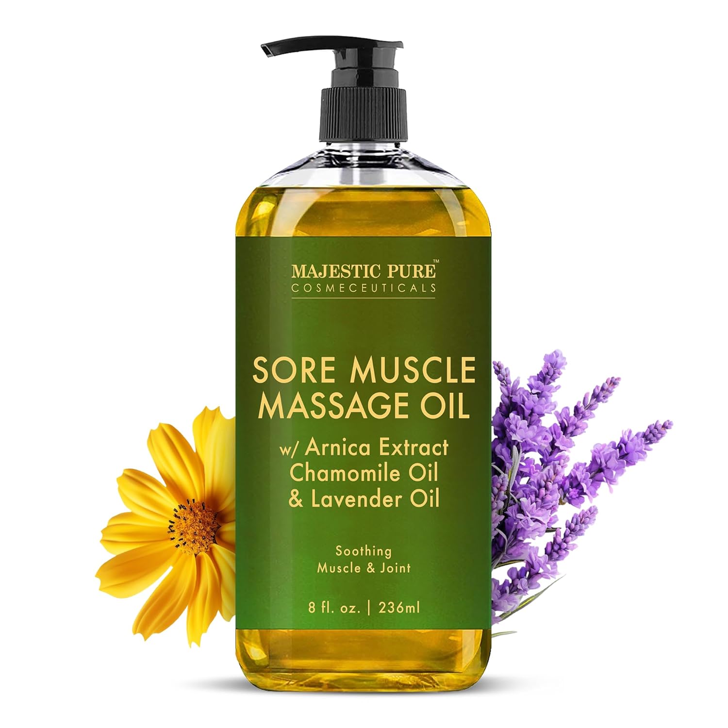 Majestic Pure Arnica Sore Muscle Massage for Massage Therapy - Natural Oil with Lavender and Chamomile Essential Oils - Multipurpose Instant Absorption Full Body Massage Oil - 8 fl. oz