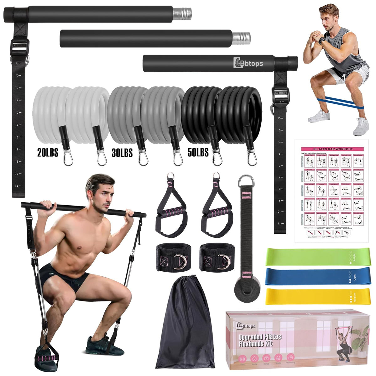 Pilates Bar Kit with Resistance Bands, Upgraded Multifunctional Screw Yoga Pilates Bar with Metal Adjustment Buckle, Portable Home Gym Pilates Bar for Women Men Full Body Workout Equipment Black…