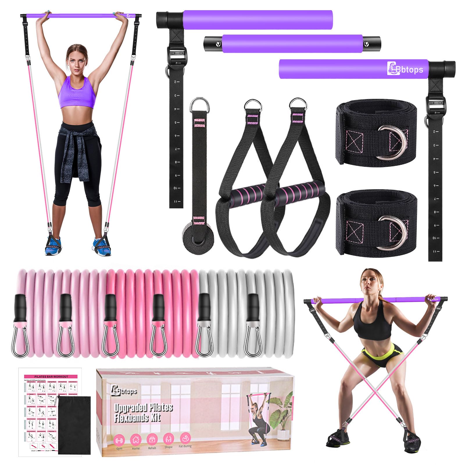 Pilates Bar Kit with Resistance Bands, Upgraded Multifunctional Screw Yoga Pilates Bar with Metal Adjustment Buckle, Portable Home Gym Pilates Bar for Women Men Full Body Workout Equipment Black…