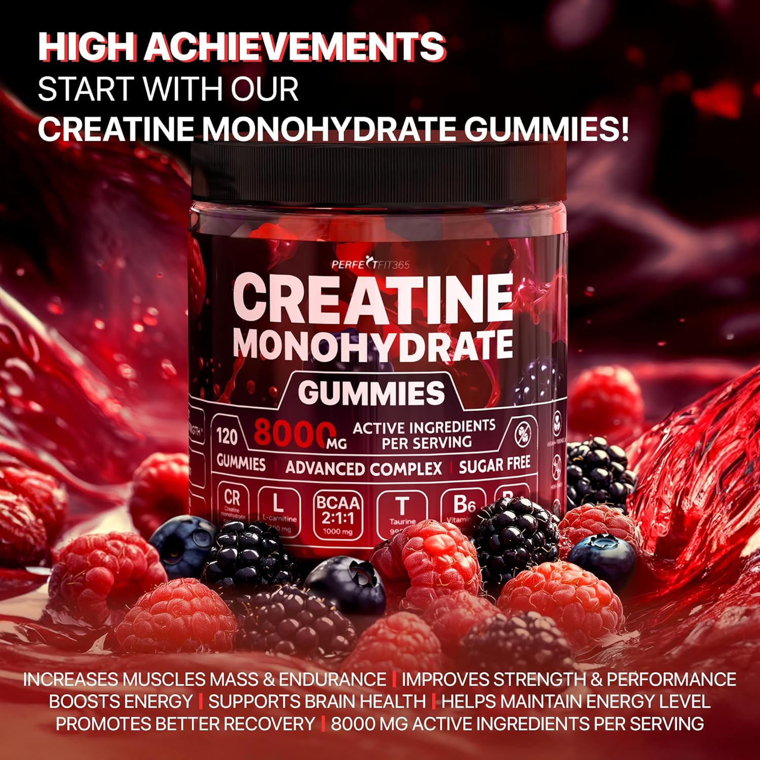 Creatine Monohydrate Gummies Complex 8000mg with L-Carnitine & Taurine, Flavored Creatine for Women and Men with Raspberry & Blackberry Taste, Pre Workout Gummies for Men and Women - 120pcs