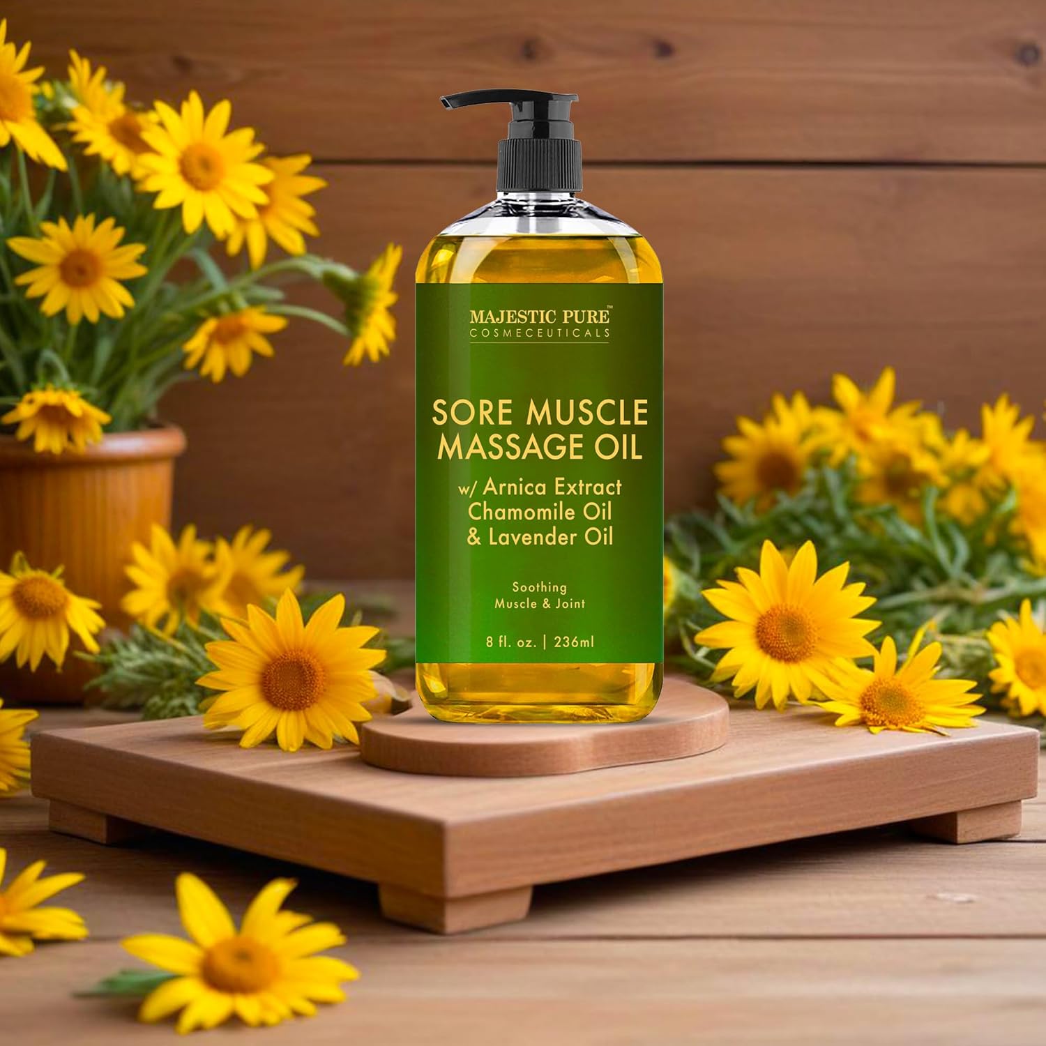 Majestic Pure Arnica Sore Muscle Massage for Massage Therapy - Natural Oil with Lavender and Chamomile Essential Oils - Multipurpose Instant Absorption Full Body Massage Oil - 8 fl. oz