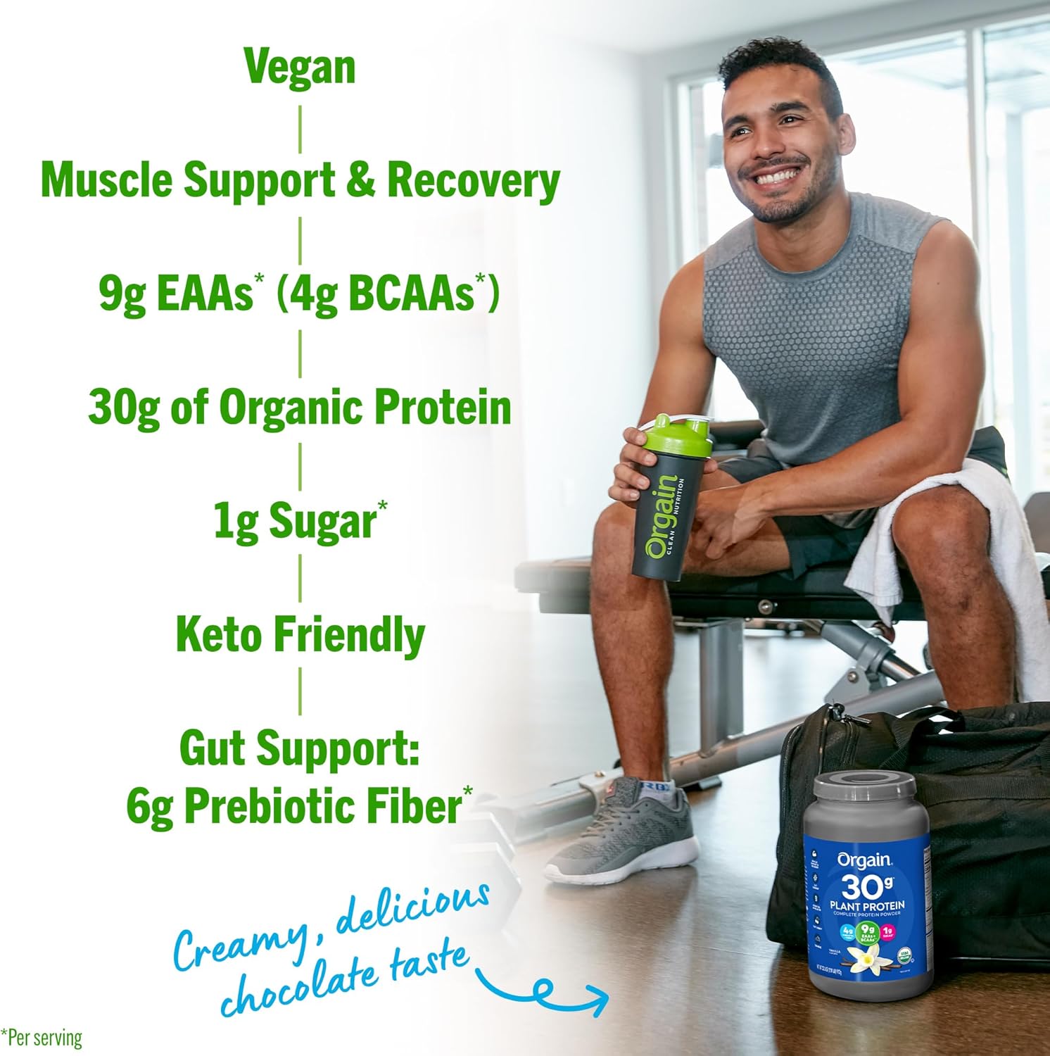 Orgain Organic 30g Vegan Protein Powder, Vanilla, 9g EAAs + BCAAs, Plant Protein, 4g Prebiotic + Fiber, 1g Sugar, Pre-Workout, Muscle Support + Recovery, PMV - 2.01lb (Packaging May Vary)