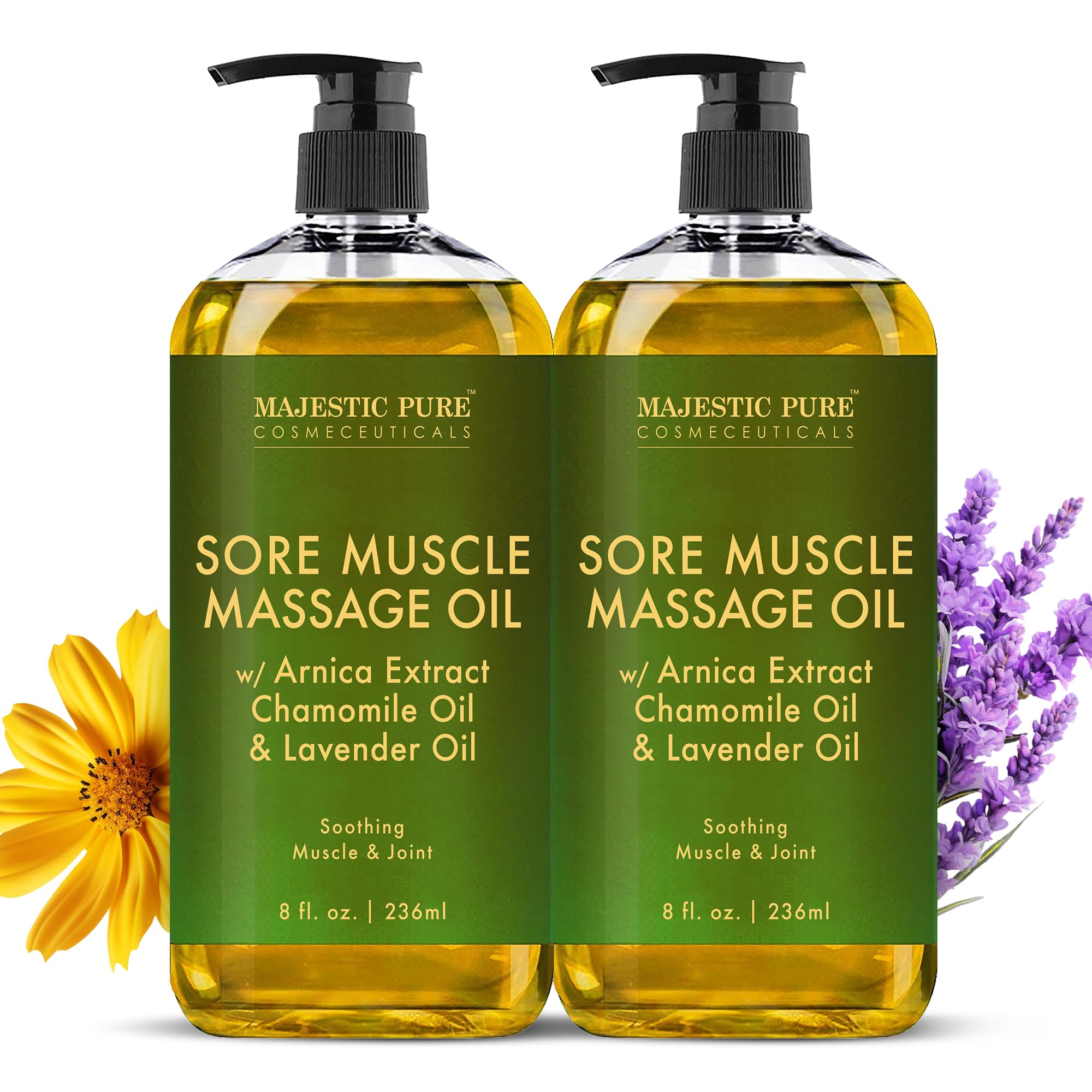 Majestic Pure Arnica Sore Muscle Massage for Massage Therapy - Natural Oil with Lavender and Chamomile Essential Oils - Multipurpose Instant Absorption Full Body Massage Oil - 8 fl. oz