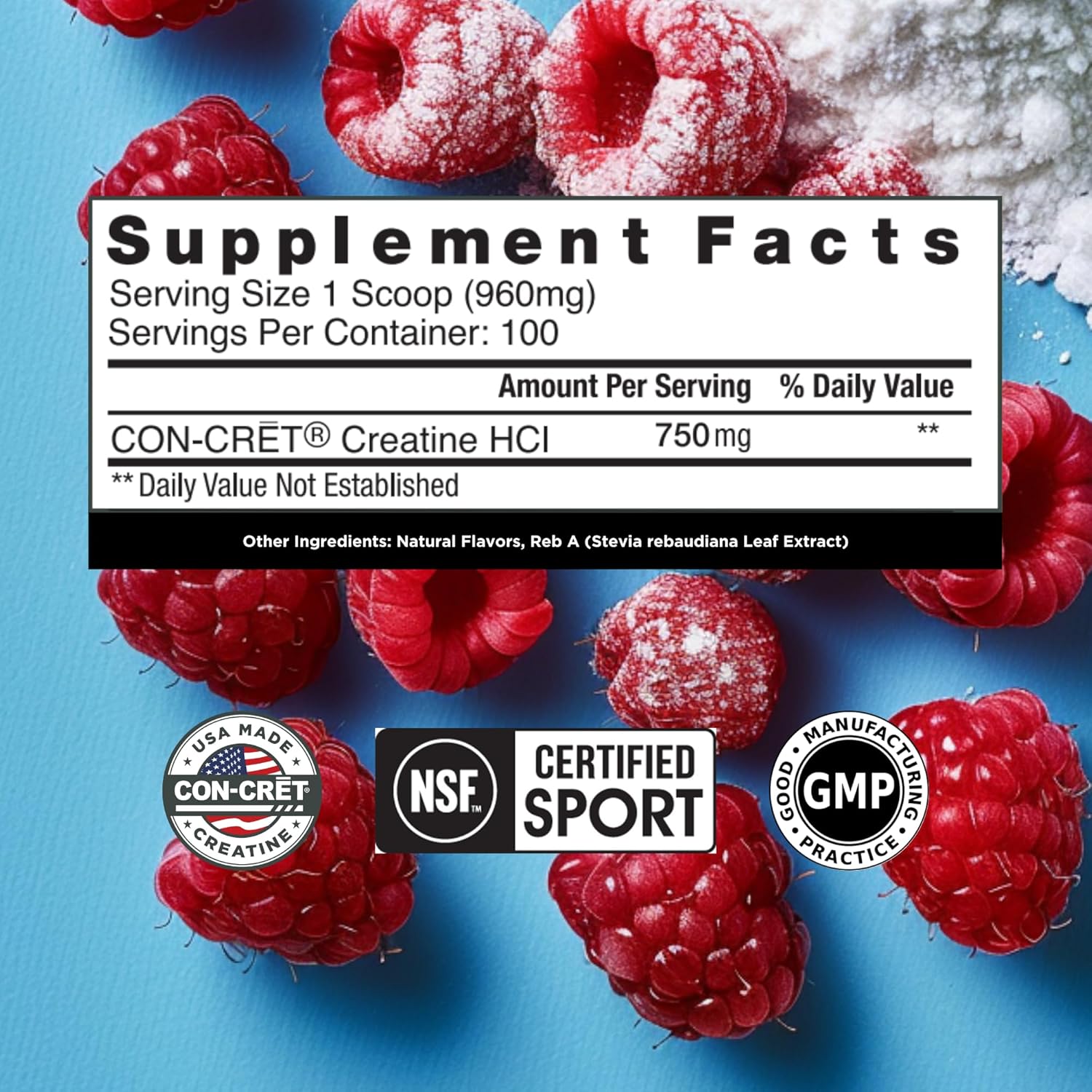 Creatine HCl Powder | Muscle, Cognitive, Cellular Energy Support | No Bloating or Cramps | USA Made & NSF Certified | Raspberry (100 Serving)