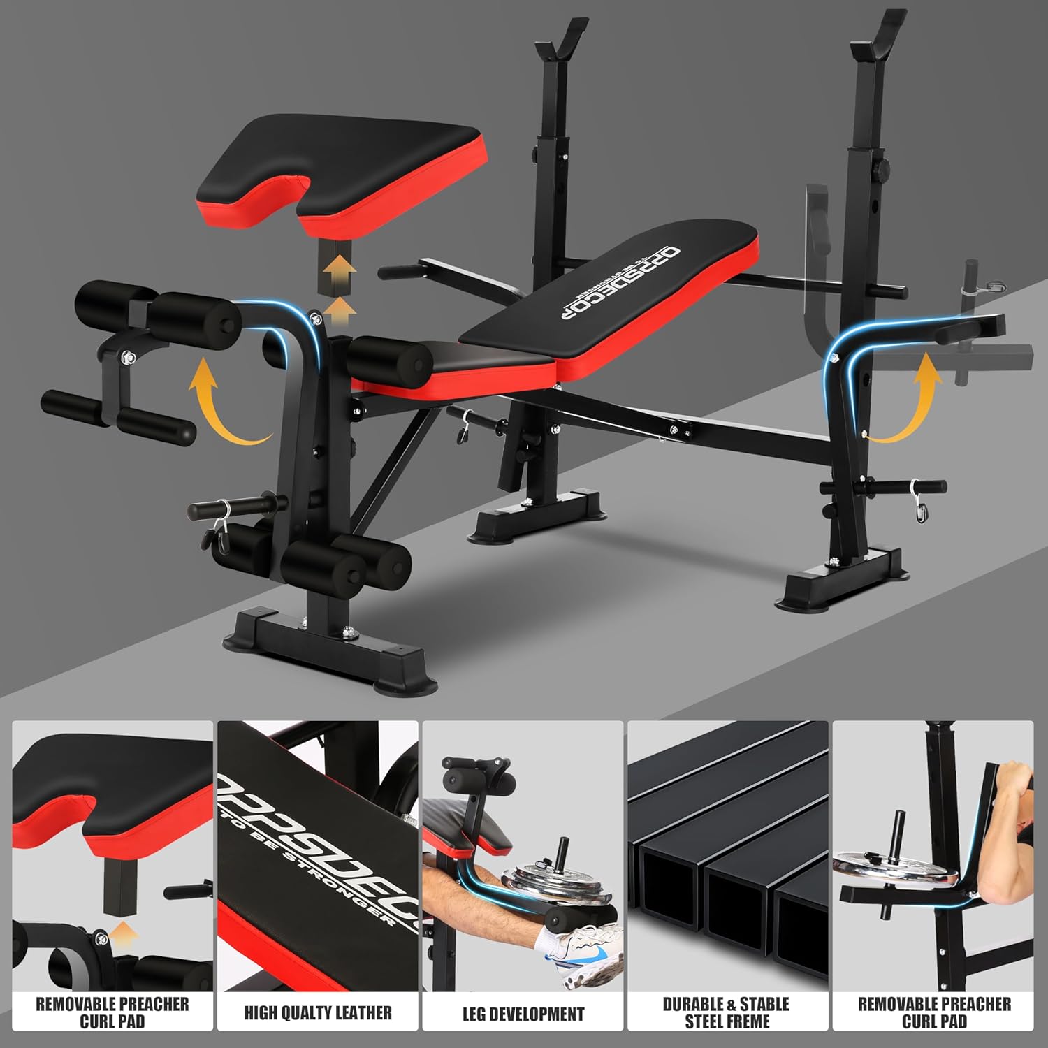 OPPSDECOR 660lbs 6 in 1 Weight Bench Set with Squat Rack Adjustable Workout Bench with Leg Developer Preacher Curl Rack Fitness Strength Training for Home Gym