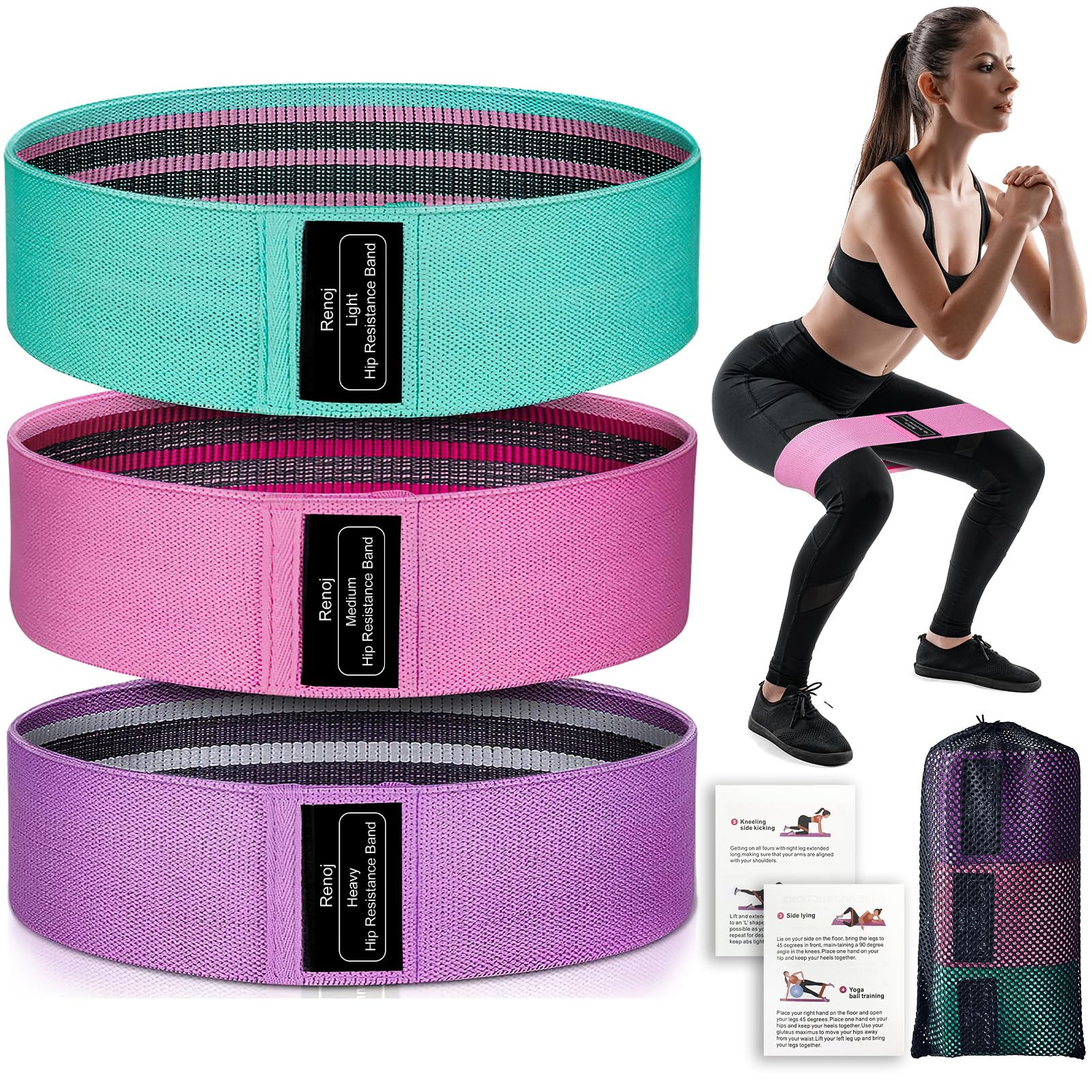 Renoj Resistance Bands, Exercise Workout Bands for Women and Men, 3 Set of Stretch Bands for Booty Legs, Pilates Flexbands