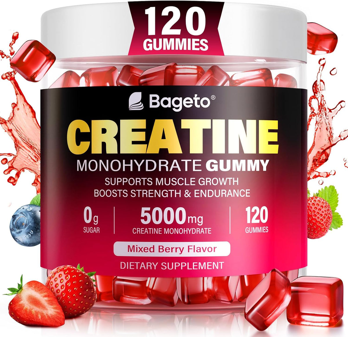 Creatine Monohydrate Gummies 5000mg for Men & Women, 120 Count Creatine for Enhanced Muscle Growth, Strength, and Recovery, Sugar Free Pre-Workout Supplement-Mixedberry Flavor