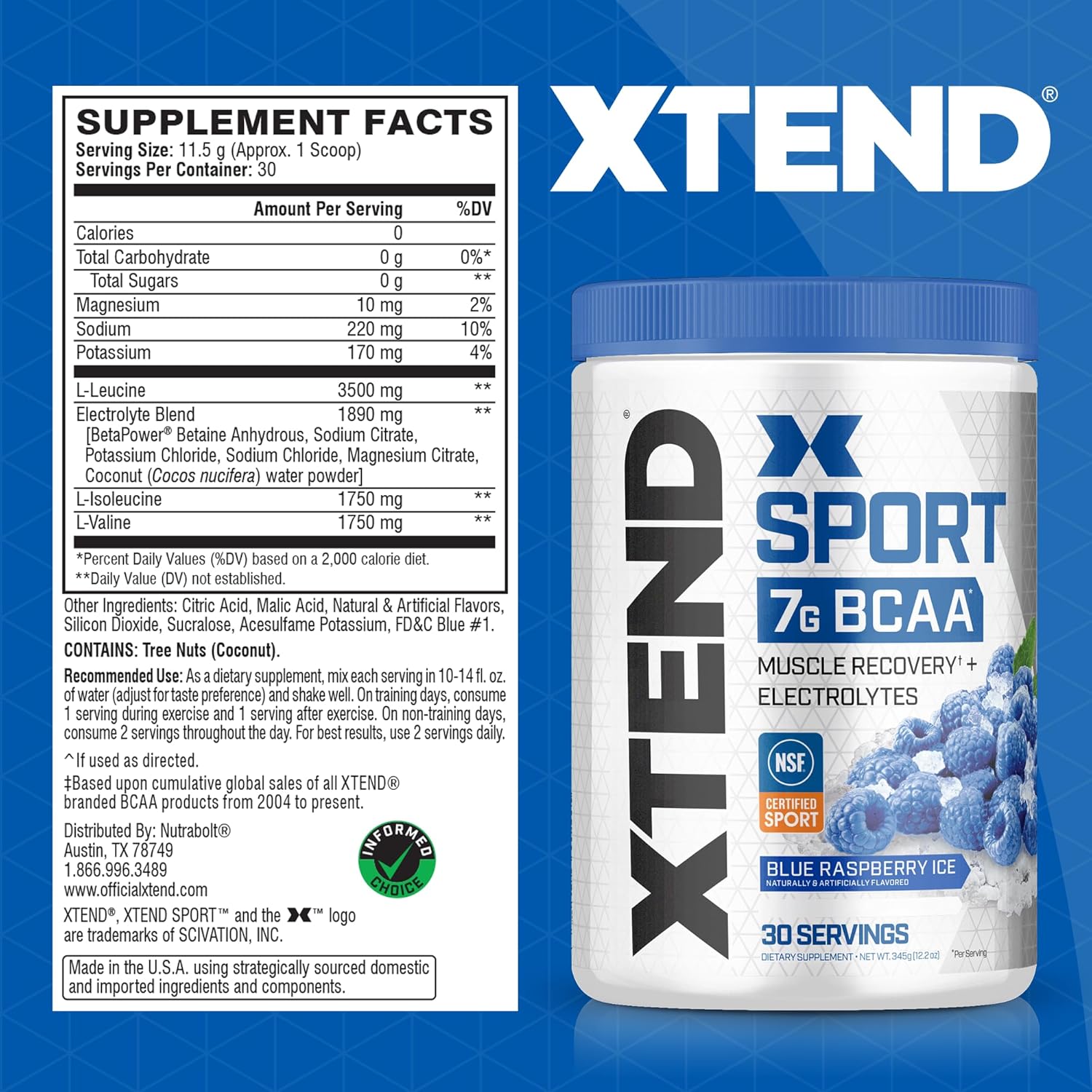 XTEND Sport BCAA Powder Blue Raspberry Ice - Electrolyte Powder for Recovery & Hydration with Amino Acids - 30 Servings