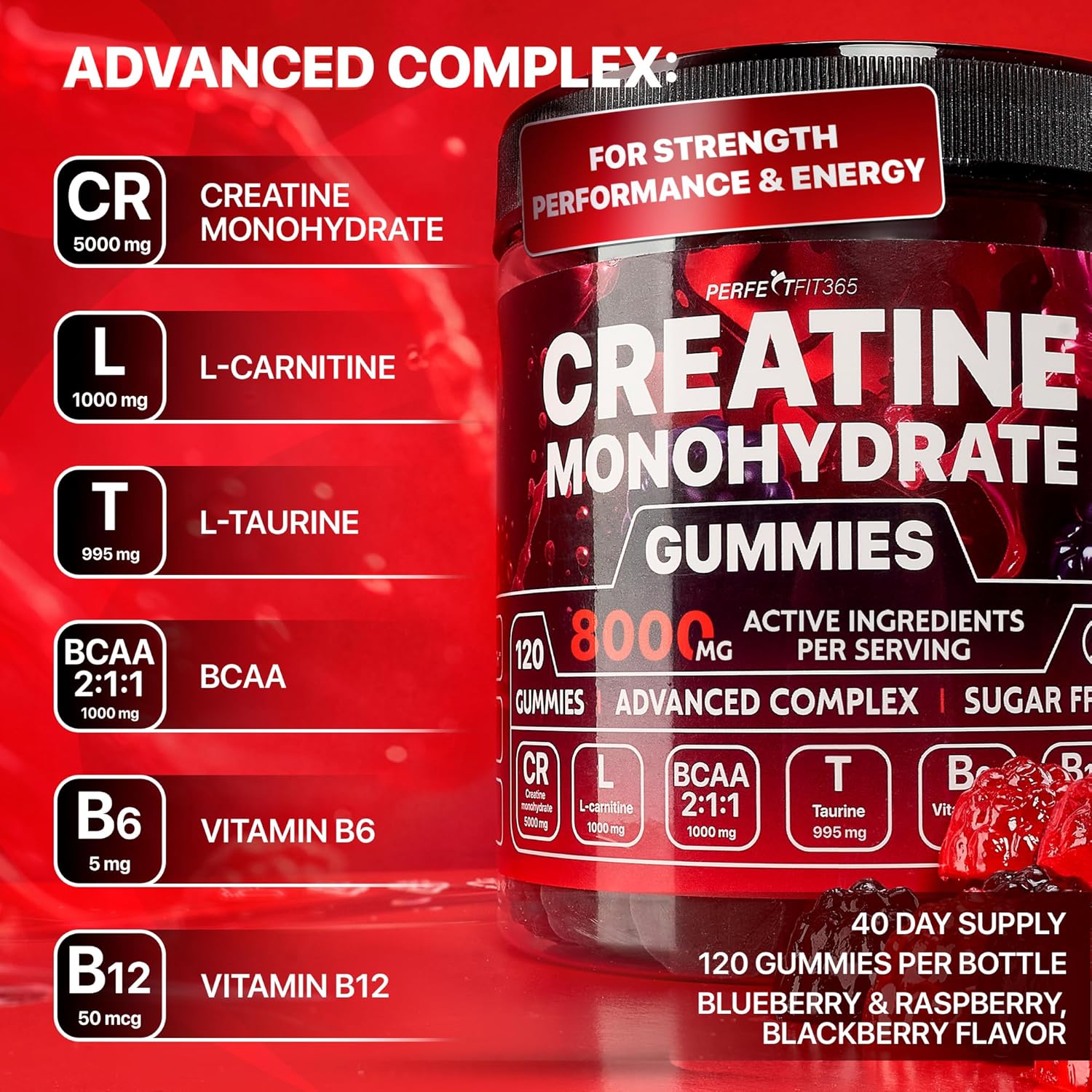 Creatine Monohydrate Gummies Complex 8000mg with L-Carnitine & Taurine, Flavored Creatine for Women and Men with Raspberry & Blackberry Taste, Pre Workout Gummies for Men and Women - 120pcs