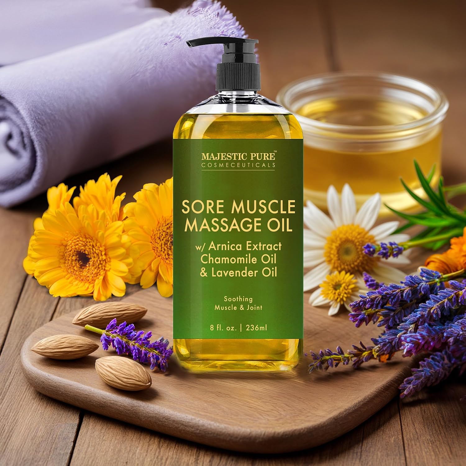 Majestic Pure Arnica Sore Muscle Massage for Massage Therapy - Natural Oil with Lavender and Chamomile Essential Oils - Multipurpose Instant Absorption Full Body Massage Oil - 8 fl. oz