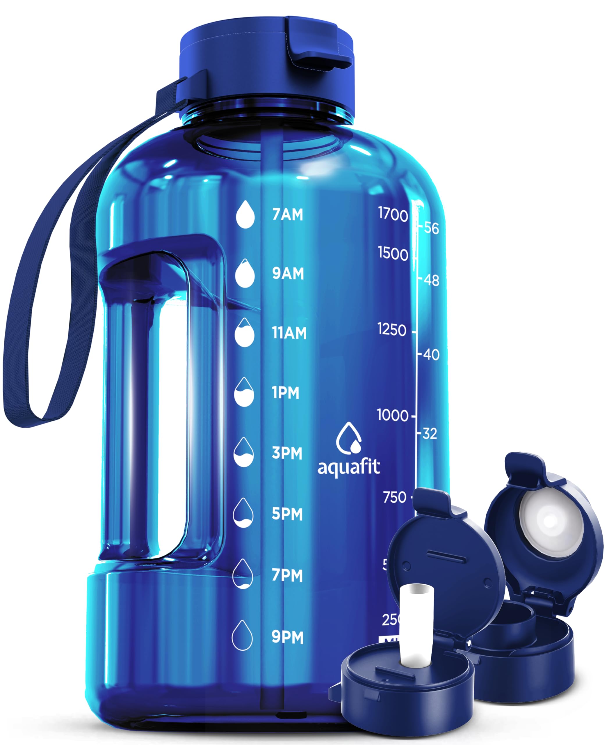 AQUAFIT 64 oz Water Bottle with Time Marker - Straw & Chug Lid - BPA Free Half Gallon Water Bottle, Big Water Bottle with Straw, Gym Water Bottle with Handle, Gallon Water Jug (Gray, 64 Ounces)