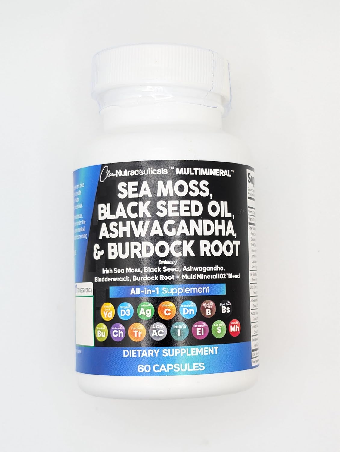 Clean Nutraceuticals Sea Moss Black Seed Oil Ashwagandha Turmeric Bladderwrack Burdock & Vitamin C Vitamin D3 with Elderberry Manuka Dandelion Yellow Dock Iodine Chlorophyll ACV