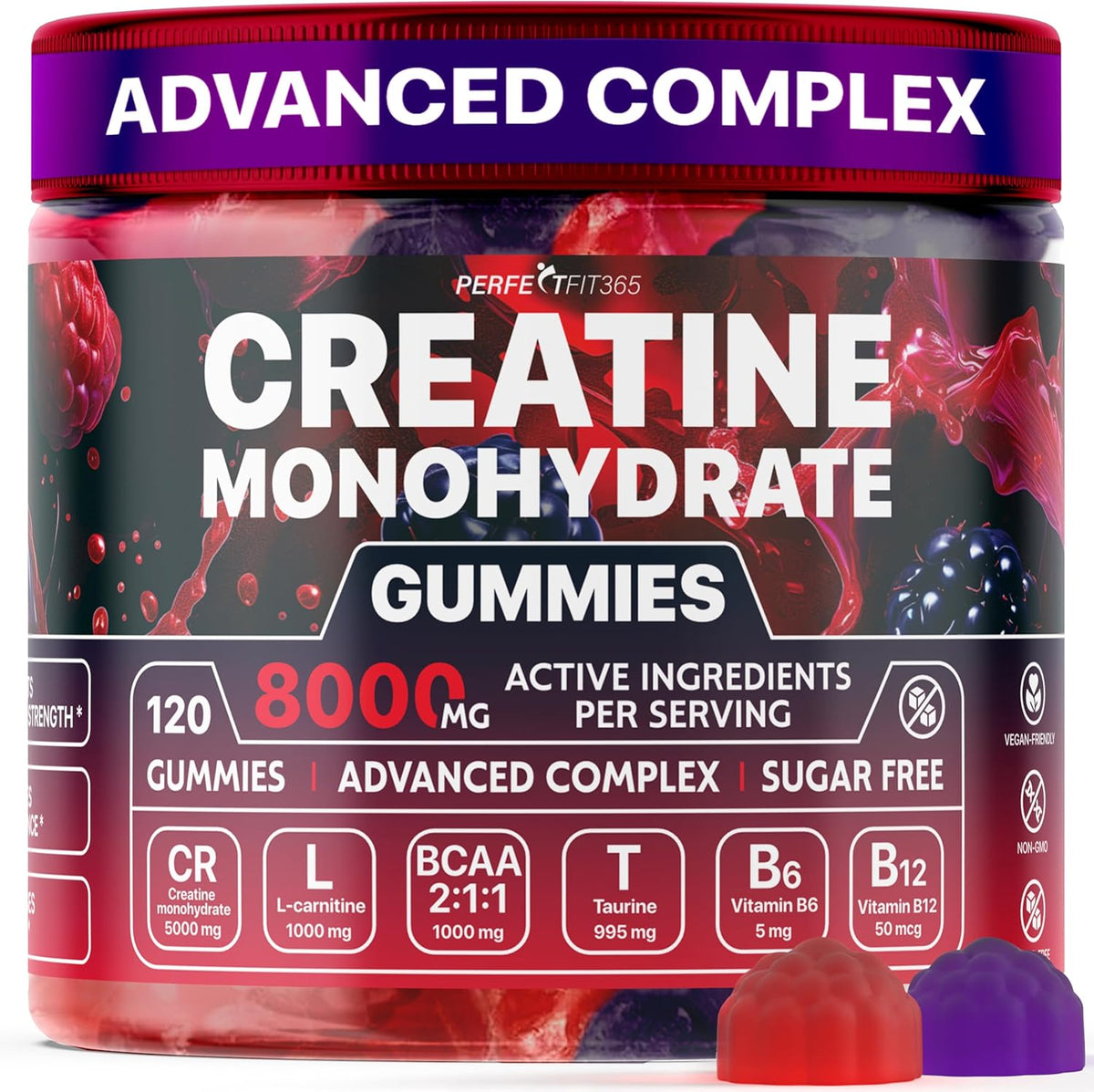 Creatine Monohydrate Gummies Complex 8000mg with L-Carnitine & Taurine, Flavored Creatine for Women and Men with Raspberry & Blackberry Taste, Pre Workout Gummies for Men and Women - 120pcs